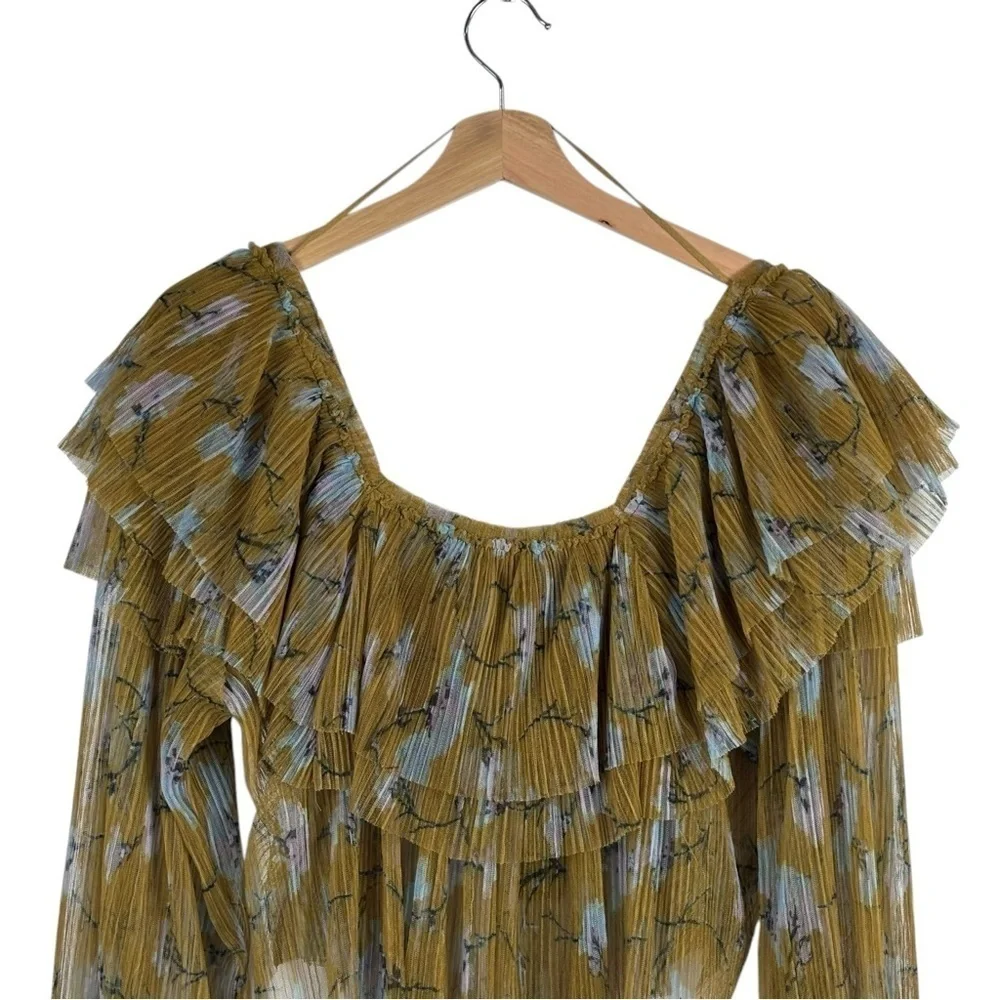 FREE PEOPLE FRILLS AND THRILLS RUFFLED TIERED SHEER FLORAL LONG SLEEVE CROP TOP